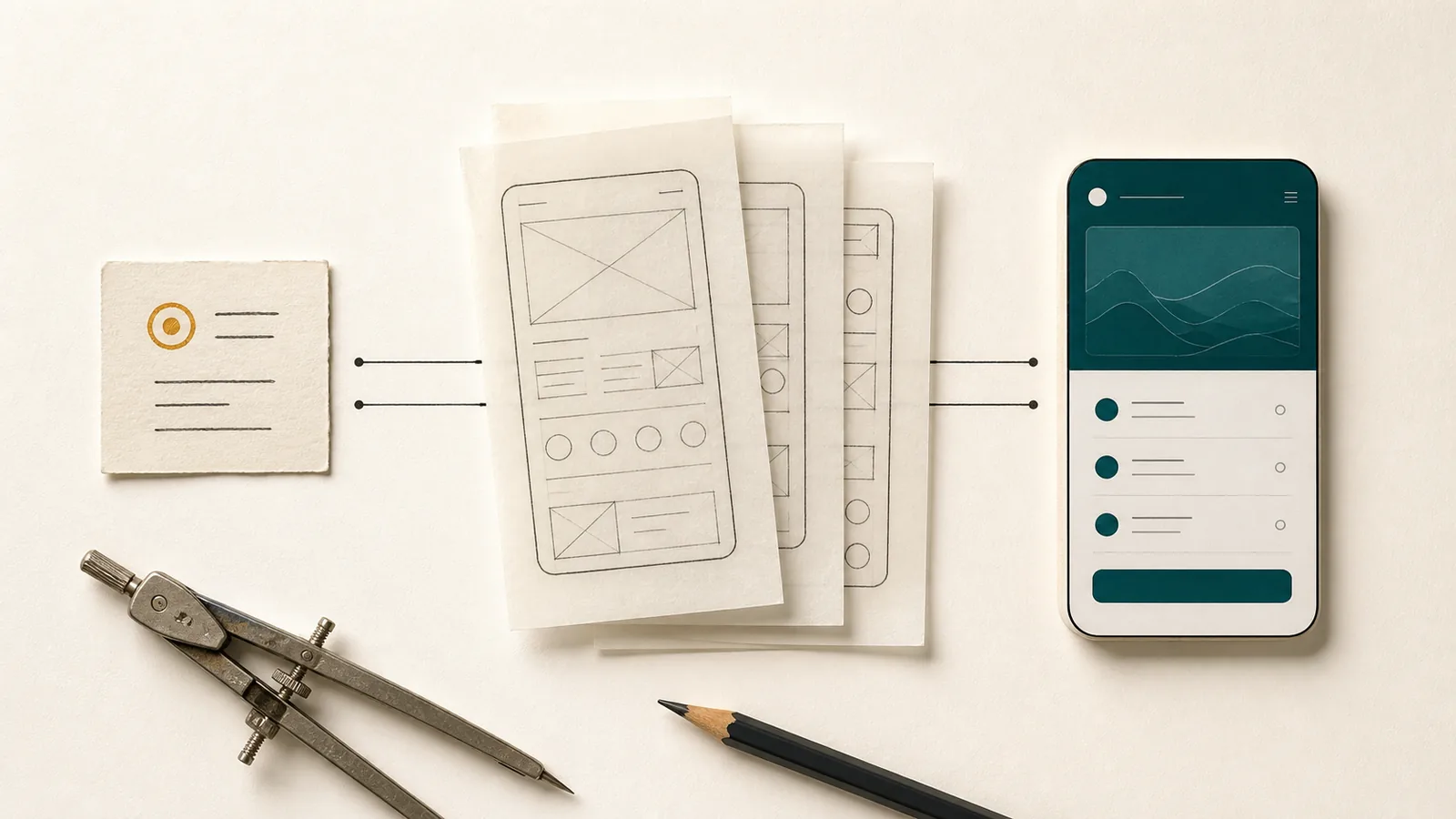 Eine Aufgabennotiz führt über mehrere Papierentwürfe zu einer klaren mobilen Oberfläche.