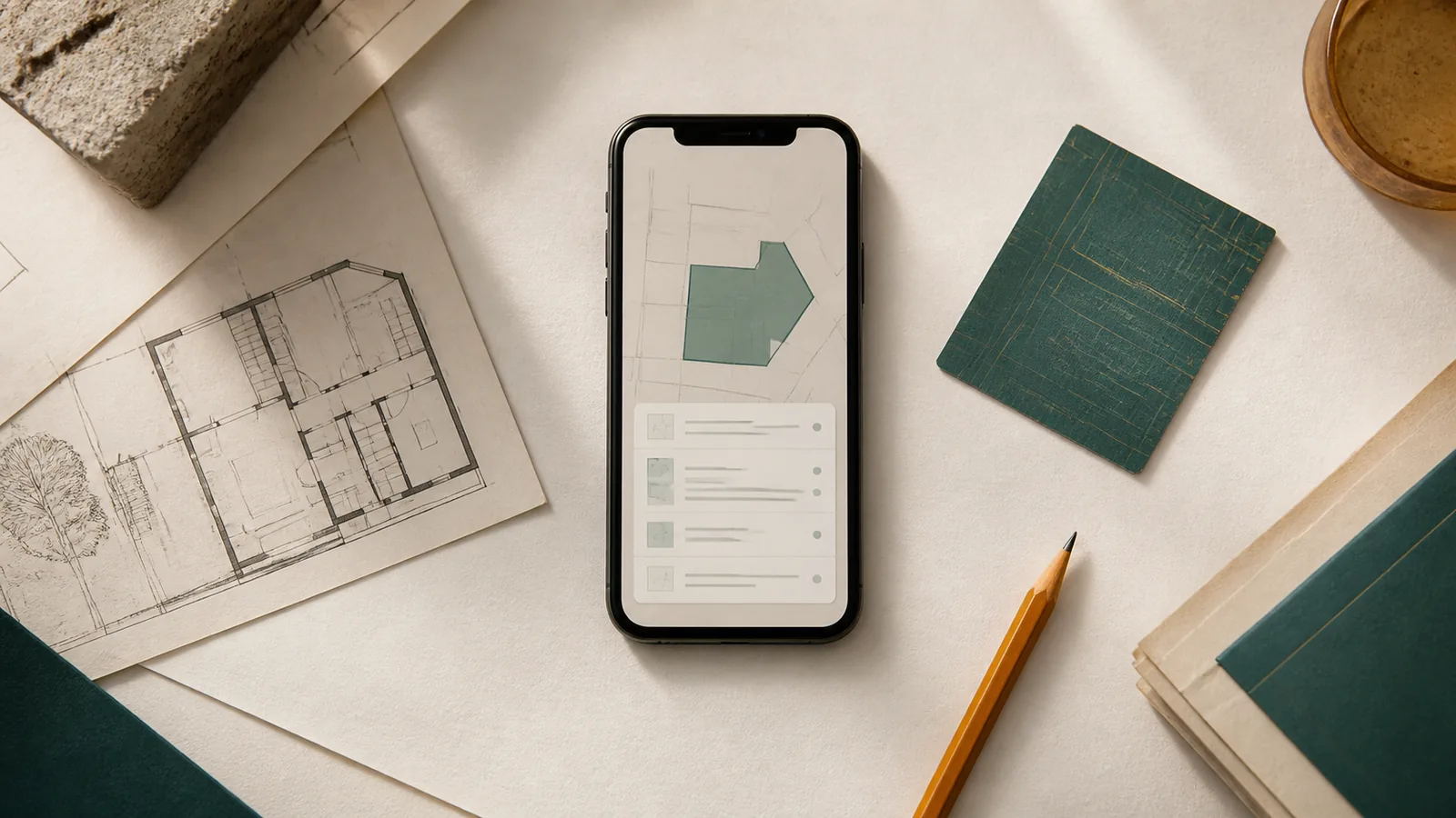 Ein Smartphone mit einer geordneten Immobilienakte neben Grundriss, Karteikarte und Bleistift.