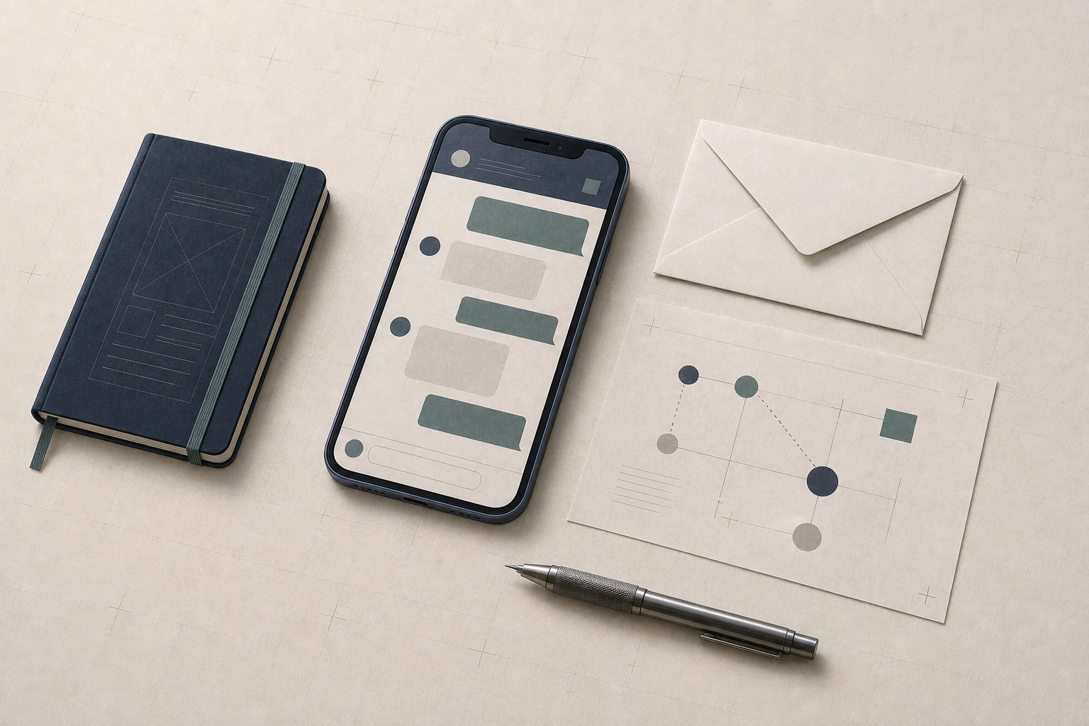 Een smartphone met een abstracte berichtenreeks, een envelop, notitieboekje en verbindingsschets staat voor direct contact.