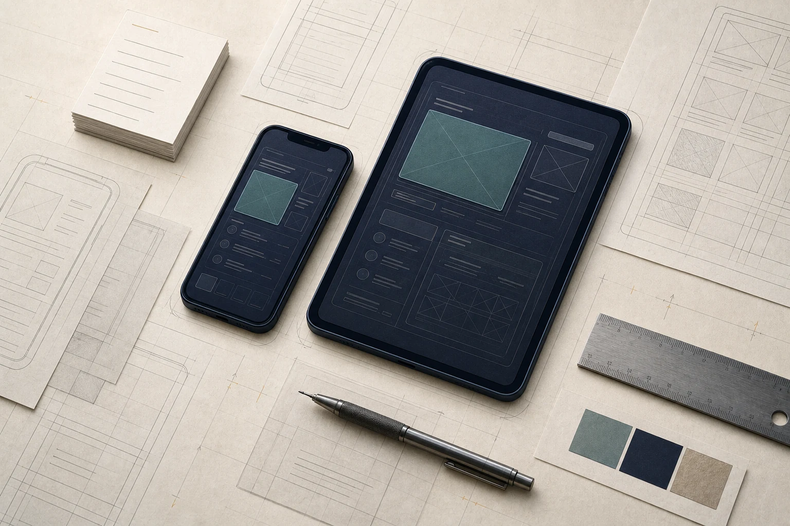 Concept di smartphone e tablet vengono sviluppati con wireframe, fogli di pianificazione, matita e righello graduato.