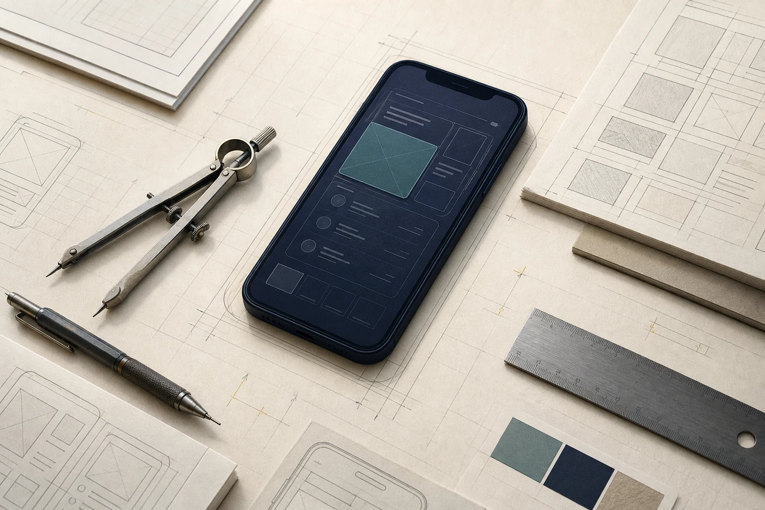 Un concepto de smartphone descansa sobre un tablero de dibujo con compás, lápiz, regla y módulos de aplicación esbozados.