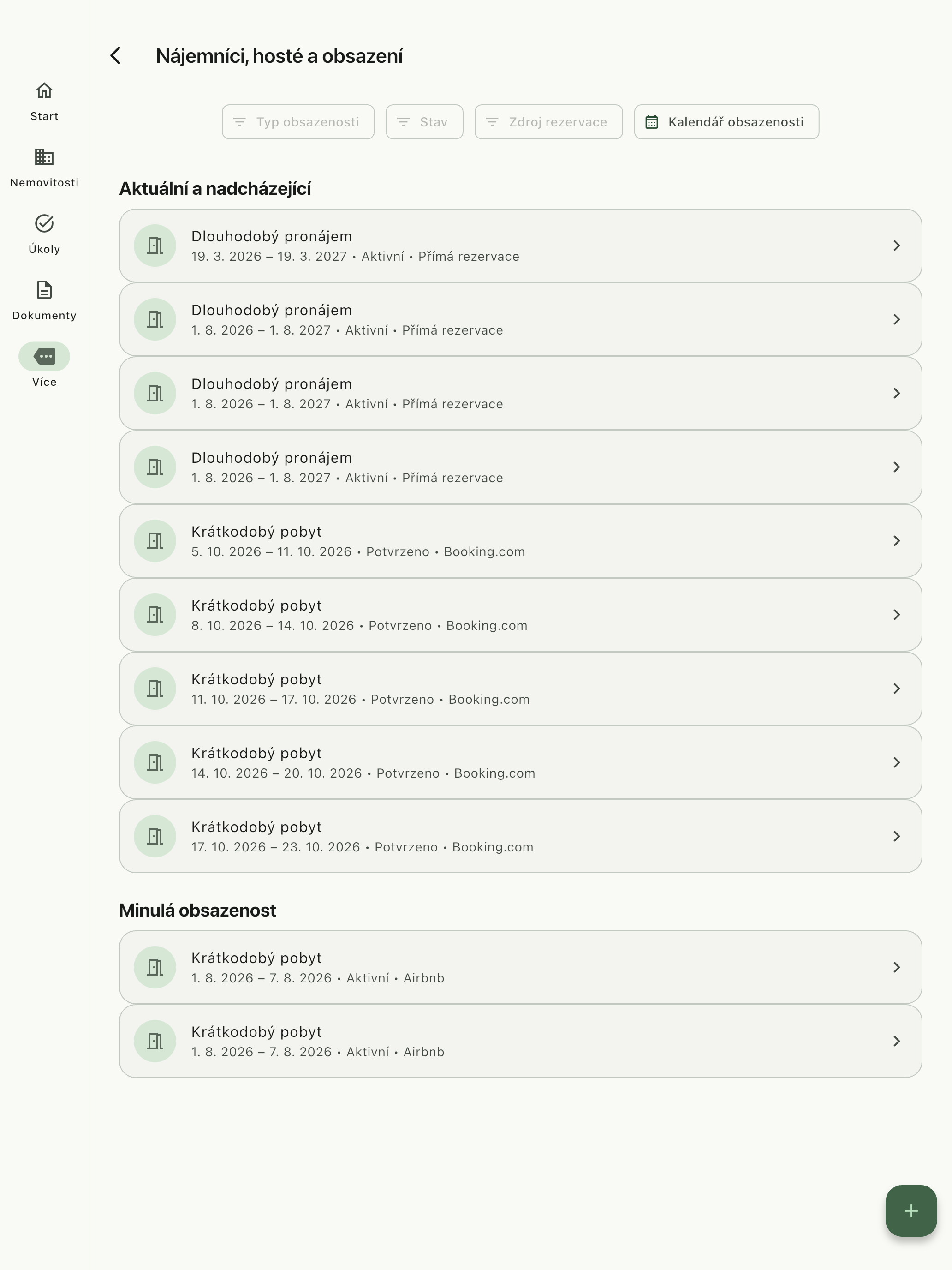 Přehled obsazeností v Propivio s aktuálními a nadcházejícími záznamy.