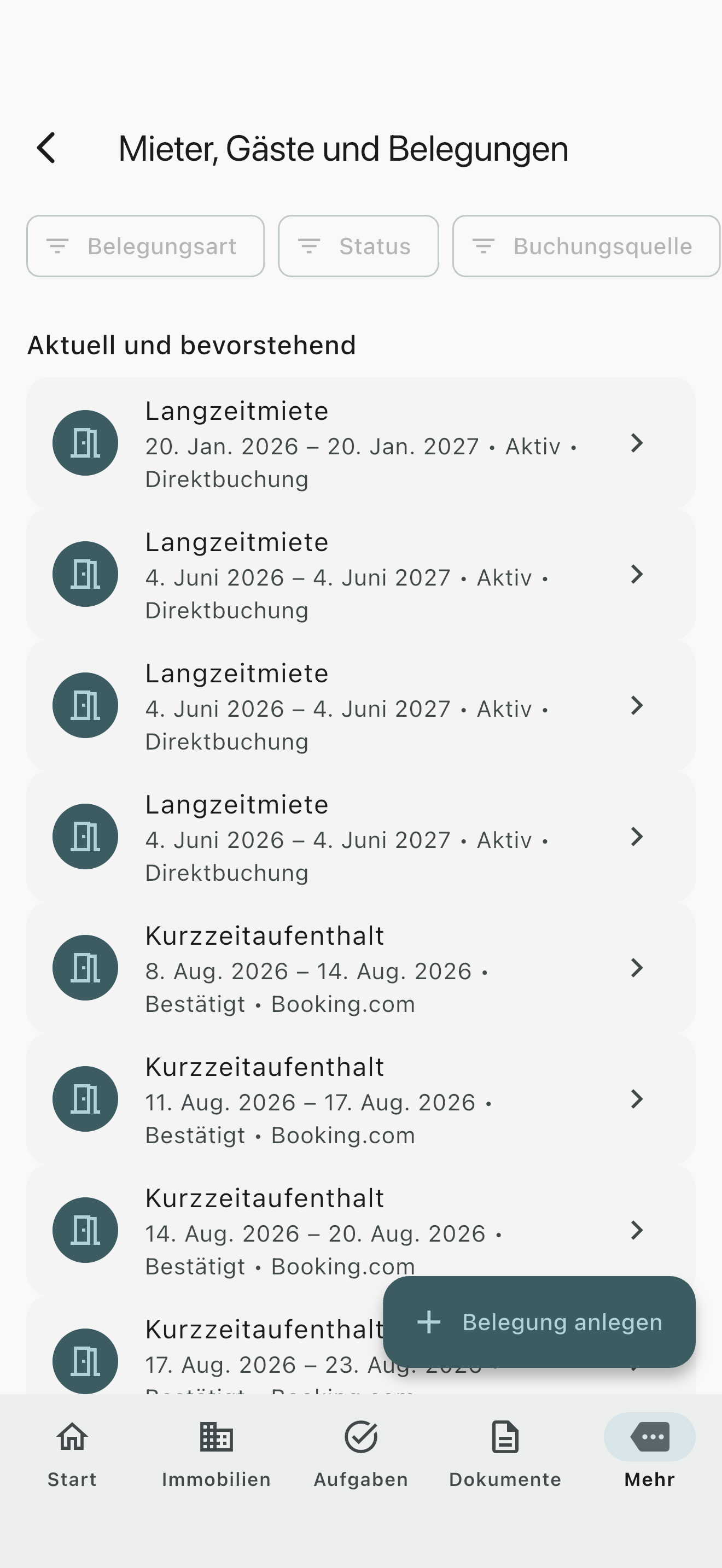 Propivio-Belegungsübersicht mit aktuellen und bevorstehenden Belegungen.