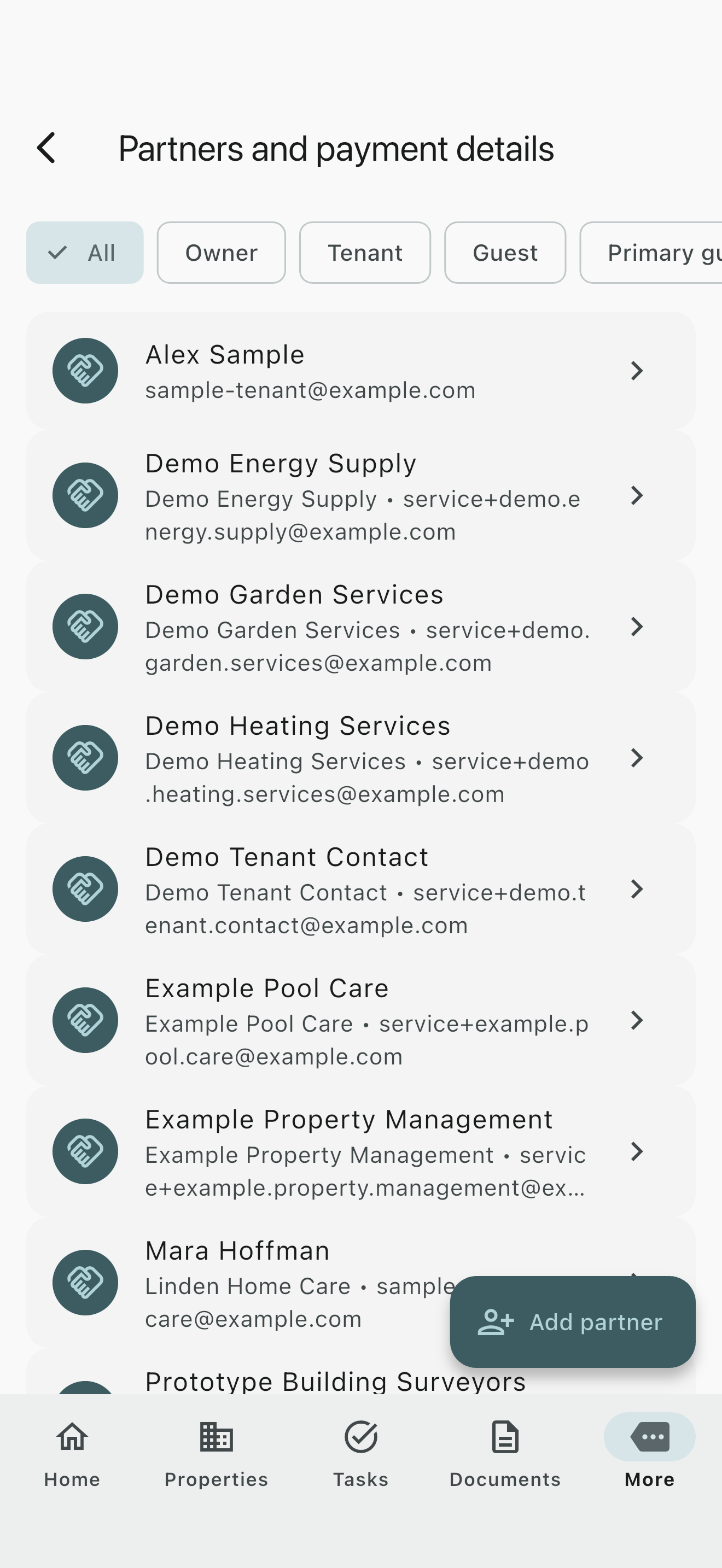 Propivio partner overview with the button for adding a partner.