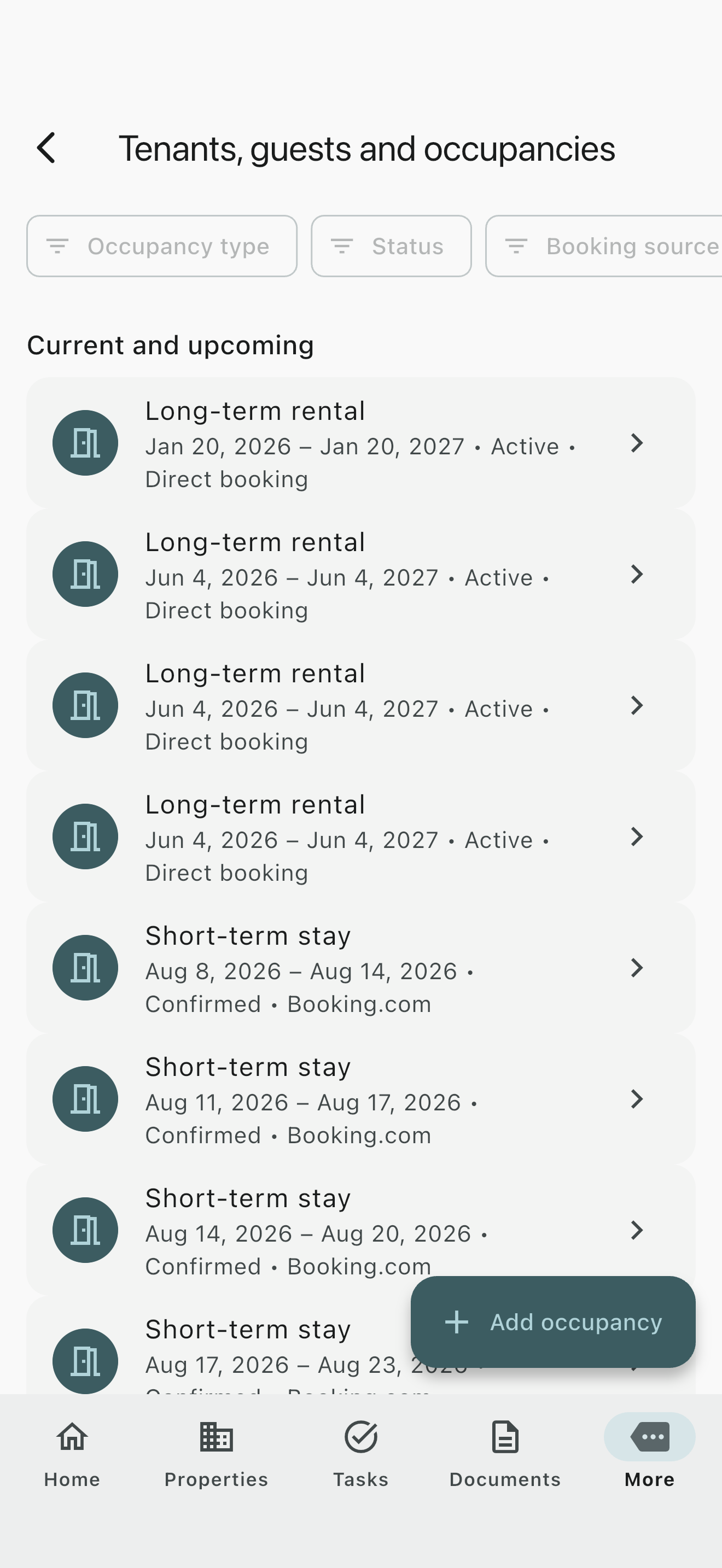 Propivio occupancy overview with current and upcoming occupancies.