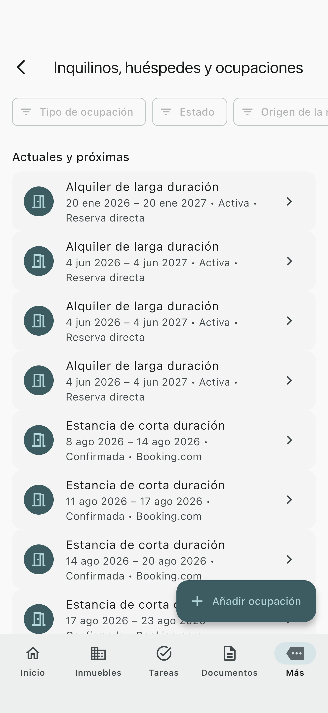 Vista general de ocupaciones de Propivio con ocupaciones actuales y próximas.