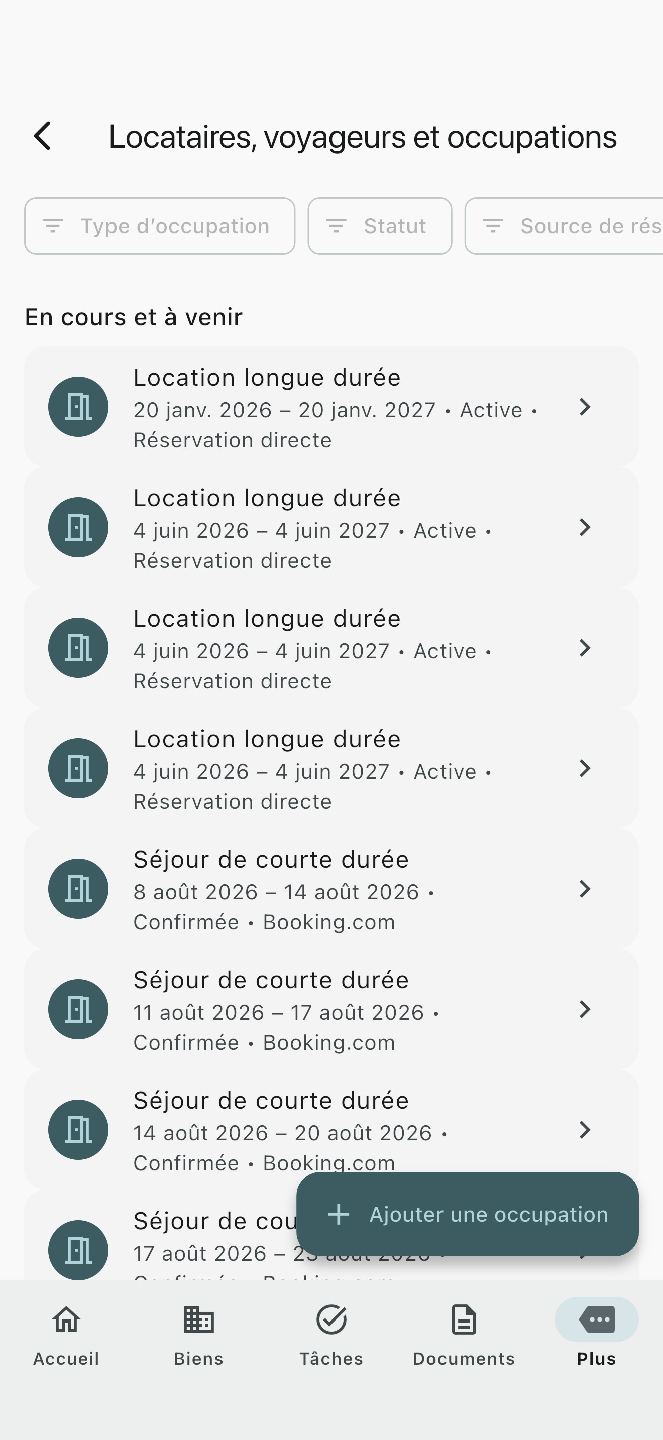 Vue d’ensemble des occupations Propivio avec les occupations actuelles et à venir.