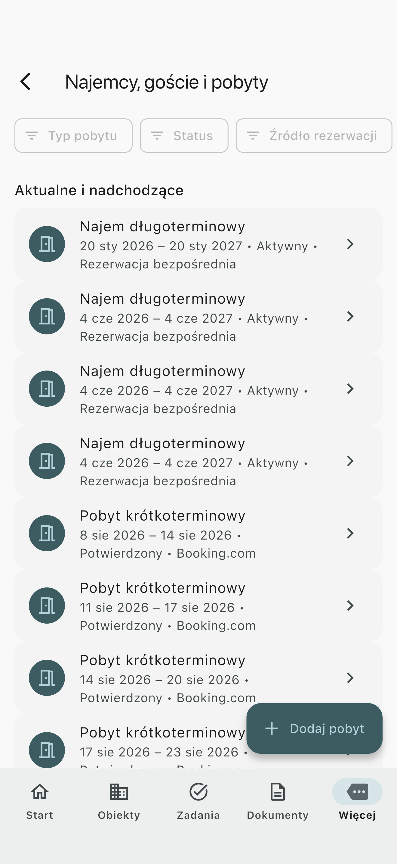 Przegląd pobytów w Propivio z bieżącymi i nadchodzącymi pobytami.